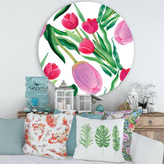 Designart - Blooming Beautiful Pink Tulips Flowers - Traditional Metal Circle Wall Art